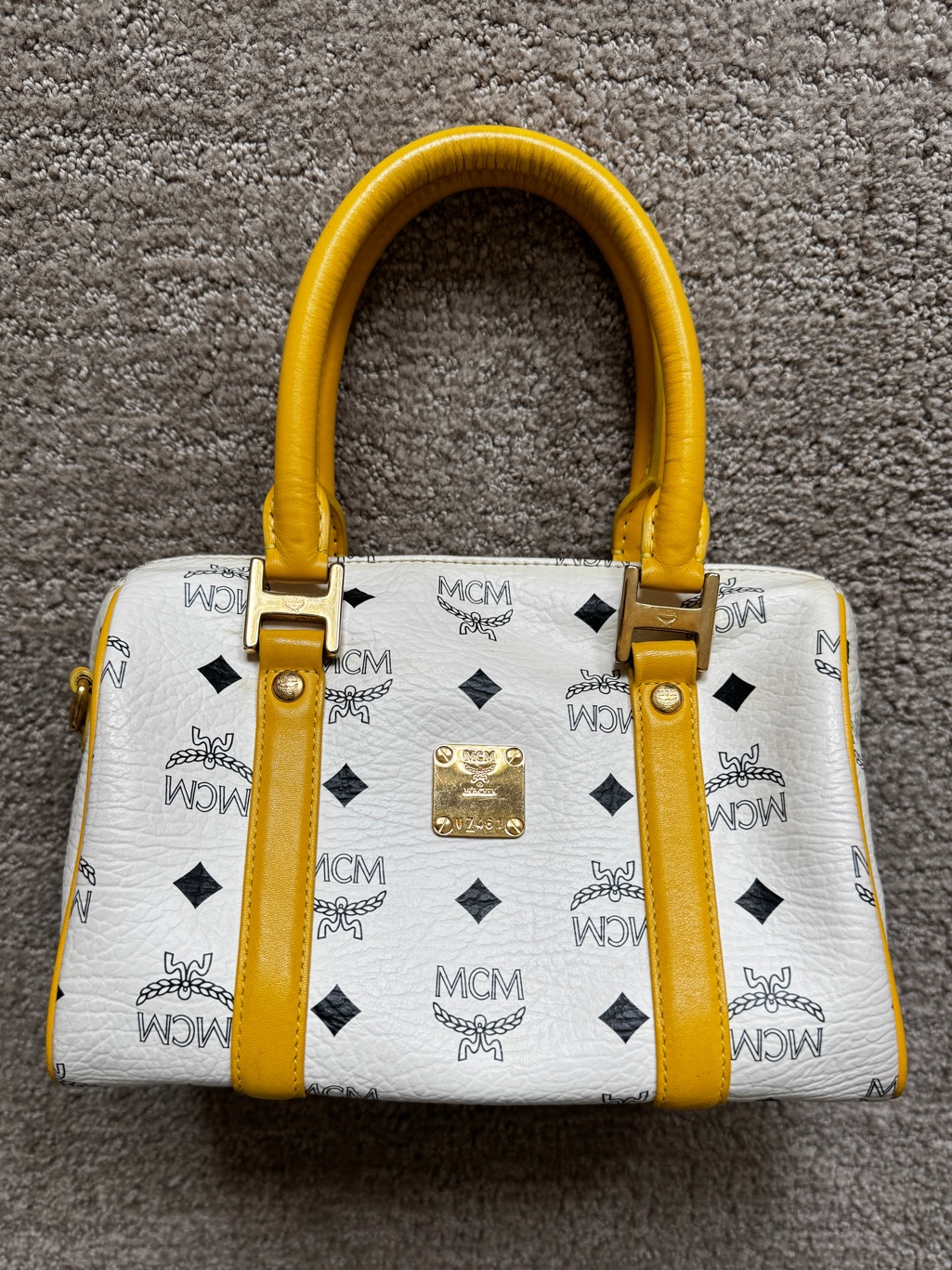 Mcm White/Yellow Visetos Leather Small Heritage Boston Bag 9"(L) X 6"(H) X 5"(W)